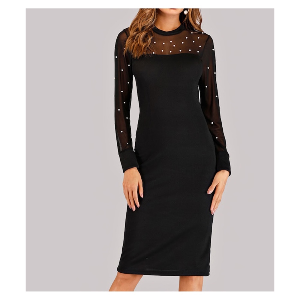 Black Mesh Faux Pearl Embellished Midi Dress - Picture 3 of 8